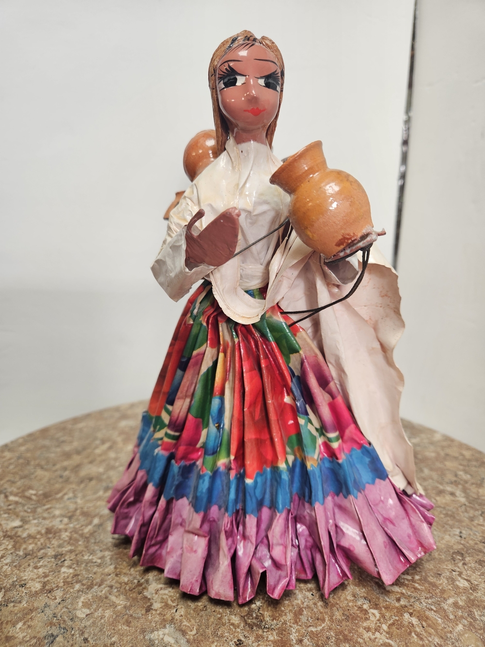 Vintage Mexican Paper Mache Folk Doll with Colorful Pleated Skirt